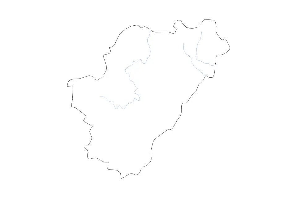 Outline map of Charente Metropolitan department, France with subdivision borders and rivers.