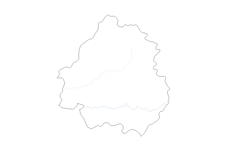 Outline map of Dordogne Metropolitan department, France with subdivision borders and rivers.