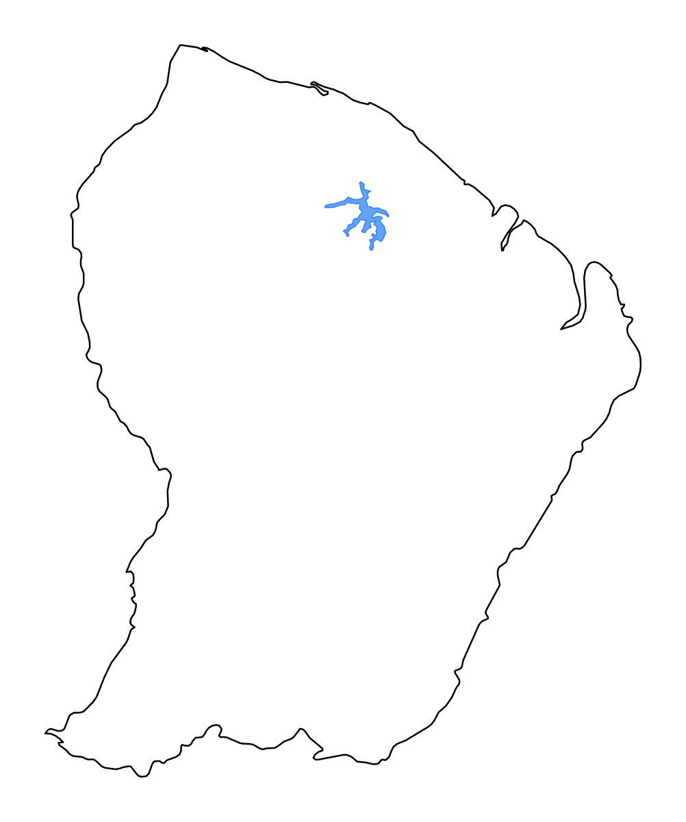 Outline map of French Guiana Overseas department, France with lakes and rivers.