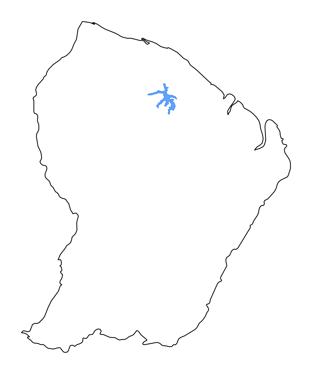 Outline map of French Guiana Overseas department, France with lakes and rivers.