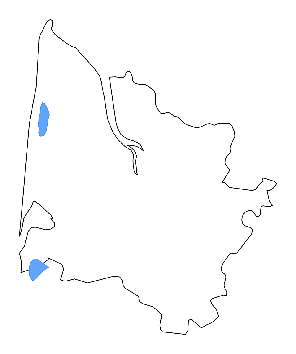 Outline map of Gironde Metropolitan department, France with lakes and rivers.