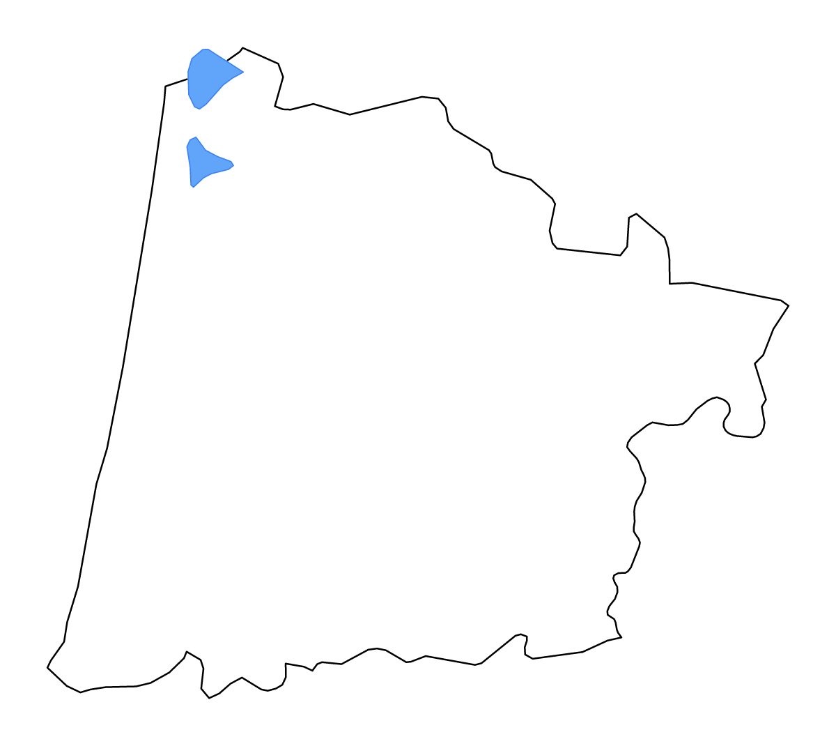 Carte de contour de Landes, France avec lacs et rivières.