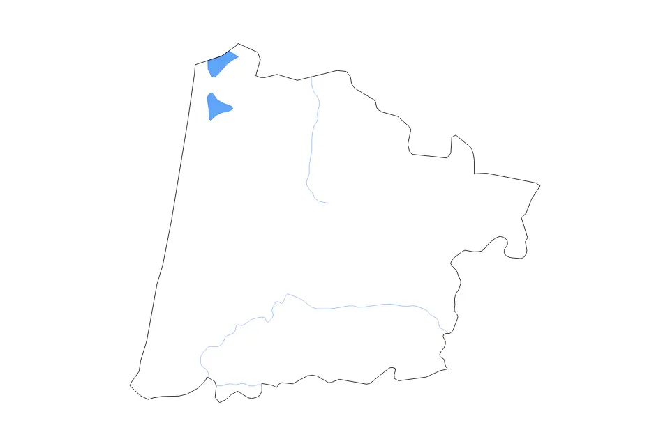 Carte de Landes, France de type contour, lacs et rivières pour Europe, montrant contour, lacs et rivières avec des éléments hydrographiques comme Étang de Cazaux et Étang de Biscarrosse.