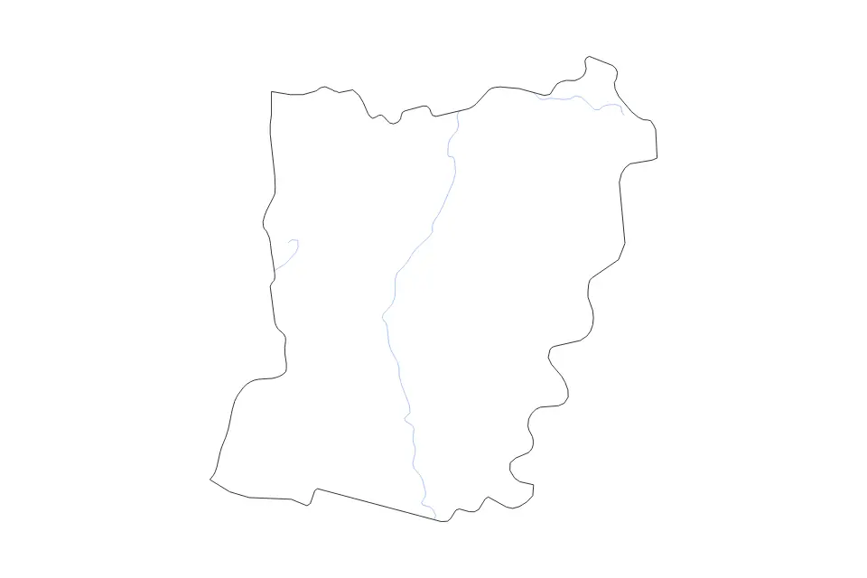 Outline map of Mayenne Metropolitan department, France with subdivision borders and rivers.