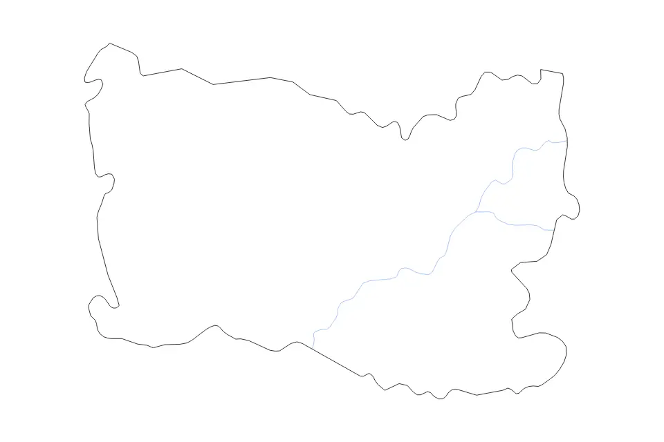 Outline map of Oise Metropolitan department, France with subdivision borders and rivers.