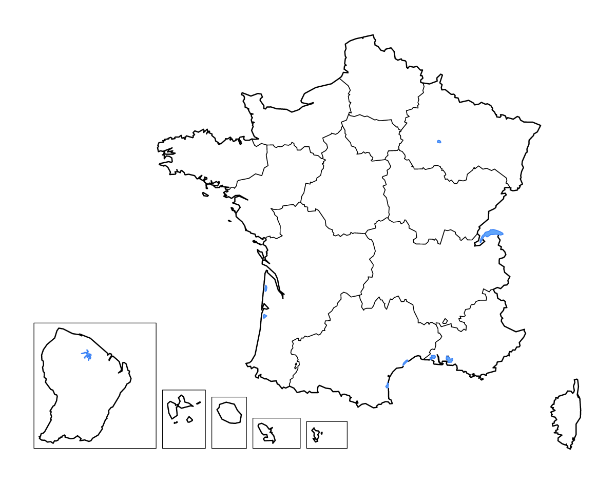 Carte de contour de France avec limites administratives internes, lacs et rivières.