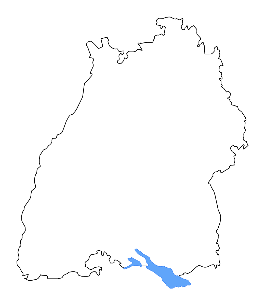 Mapa de contorno de Baden-Württemberg, Germany con lagos y ríos.