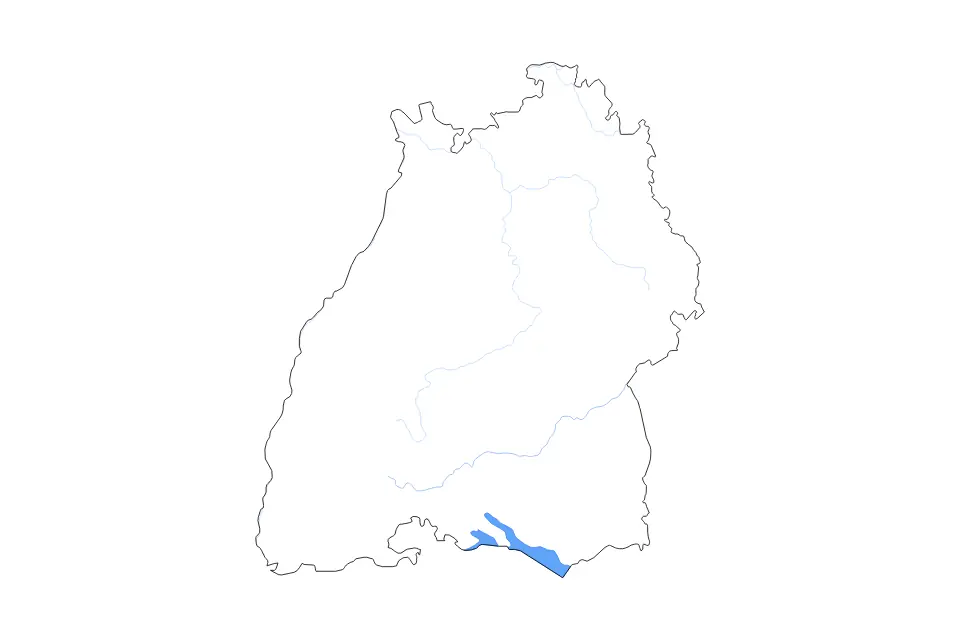 Mapa de Baden-Württemberg, Germany de tipo contorno, lagos y ríos para Europa, con contorno, lagos y ríos con elementos de agua como Bodensee y Untersee.