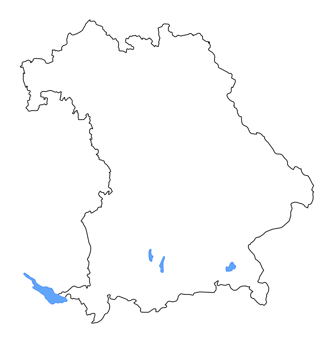 Mapa de contorno de Bavaria, Germany con lagos y ríos.