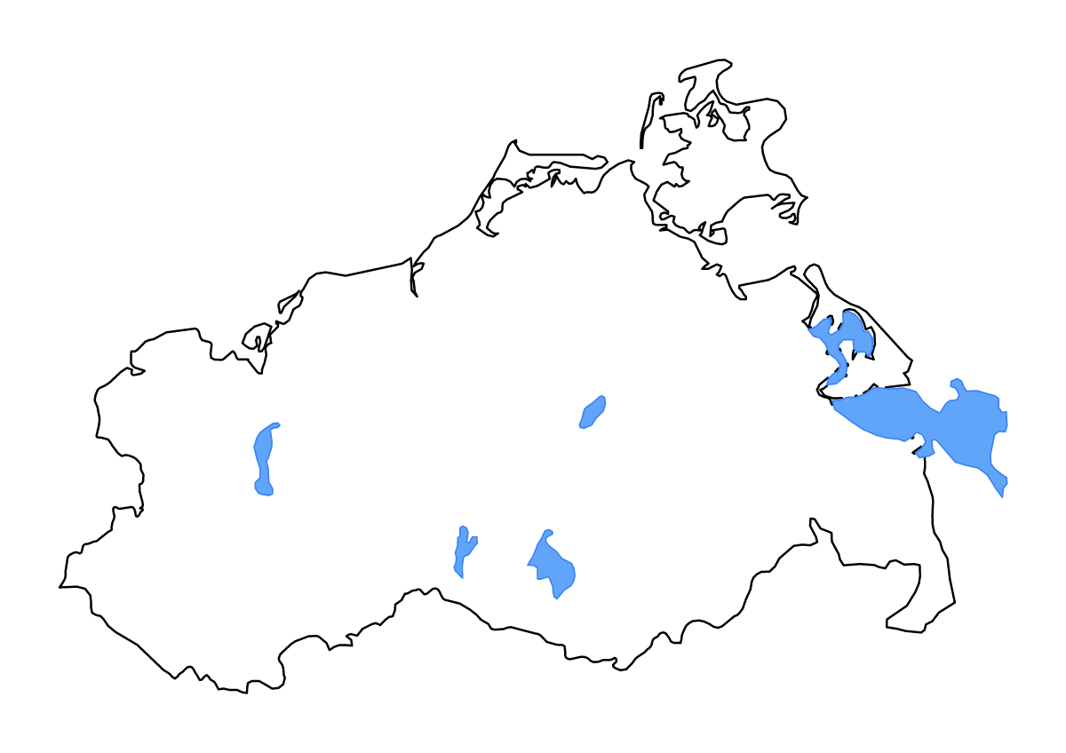 Carte de contour de Mecklenburg-Western Pomerania, Germany avec lacs et rivières.