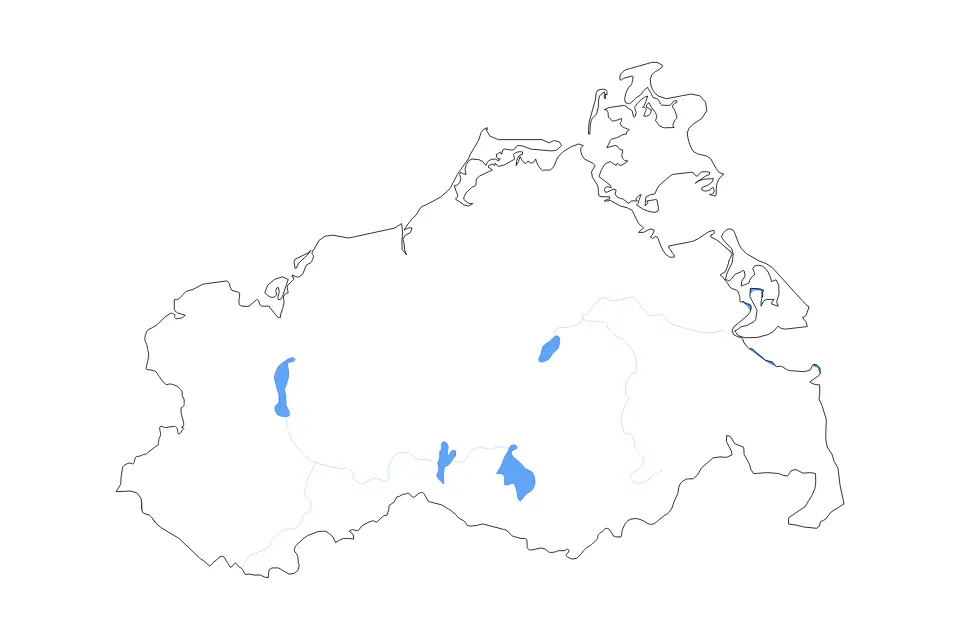 Mapa de Mecklenburg-Western Pomerania, Germany de tipo contorno, lagos y ríos para Europa, con contorno, lagos y ríos con elementos de agua como Kummerower See, Plauer See y Müritz.