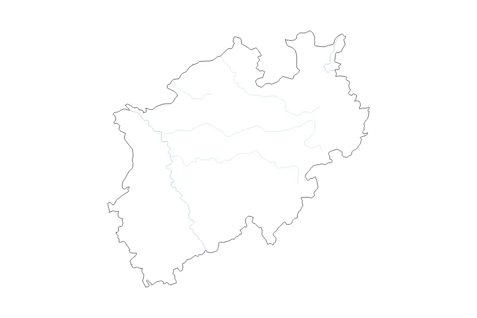 Outline map of North Rhine-Westphalia, Germany with subdivision borders and rivers.