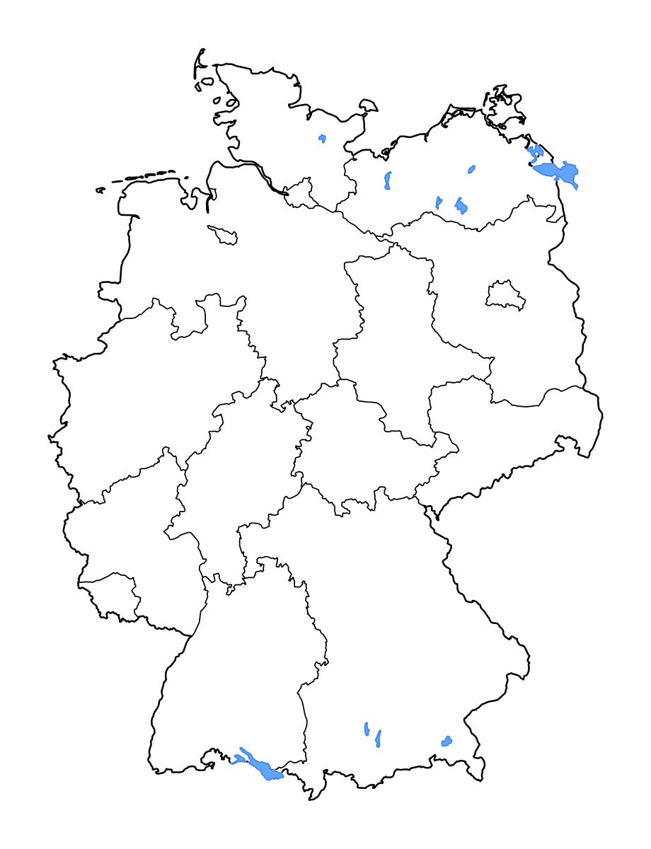 Carte de contour de Germany avec limites administratives internes, lacs et rivières.
