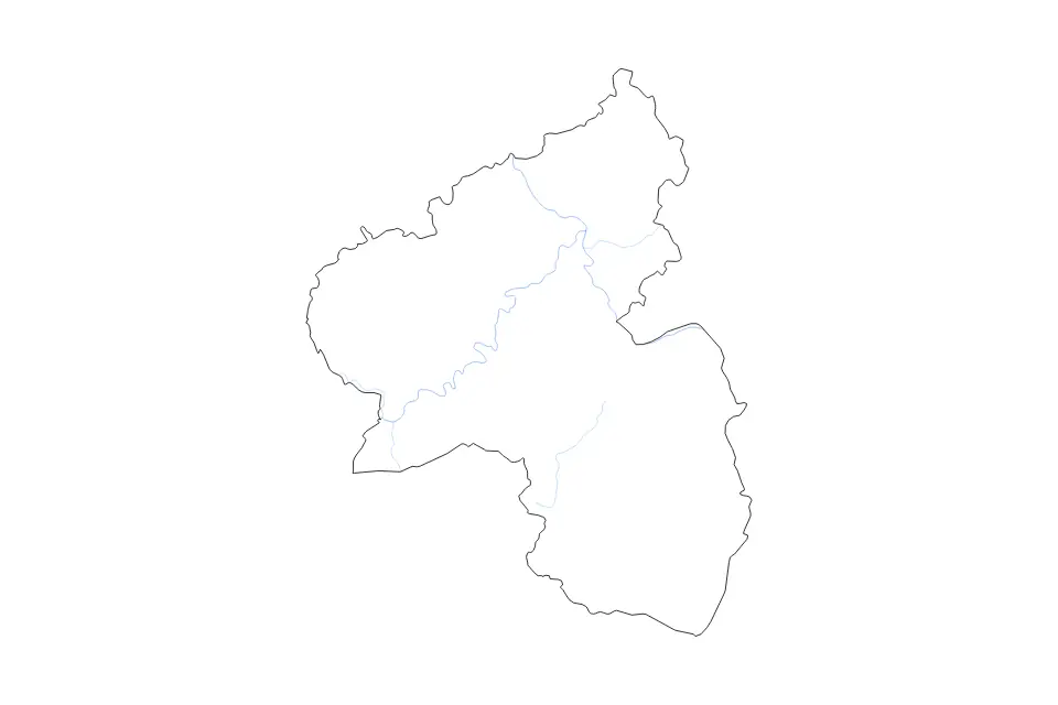 Outline map of Rhineland-Palatinate, Germany with subdivision borders and rivers.