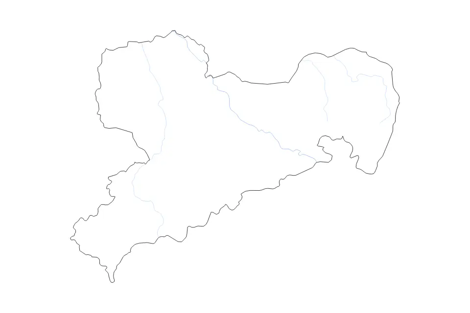 Outline map of Saxony, Germany with subdivision borders and rivers.