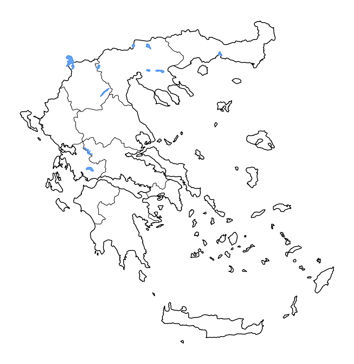 Mapa de contorno de Greece con límites administrativos internos, lagos y ríos.