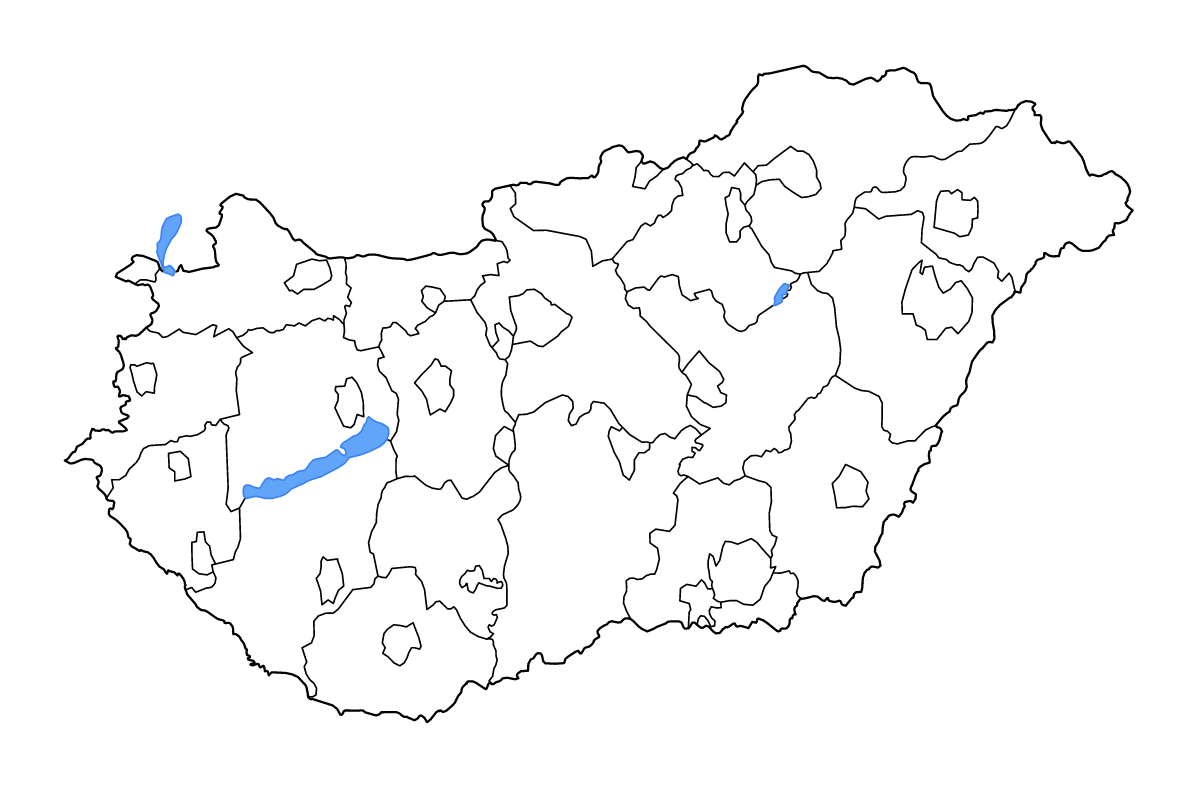 Mapa de contorno de Hungary con límites administrativos internos, lagos y ríos.
