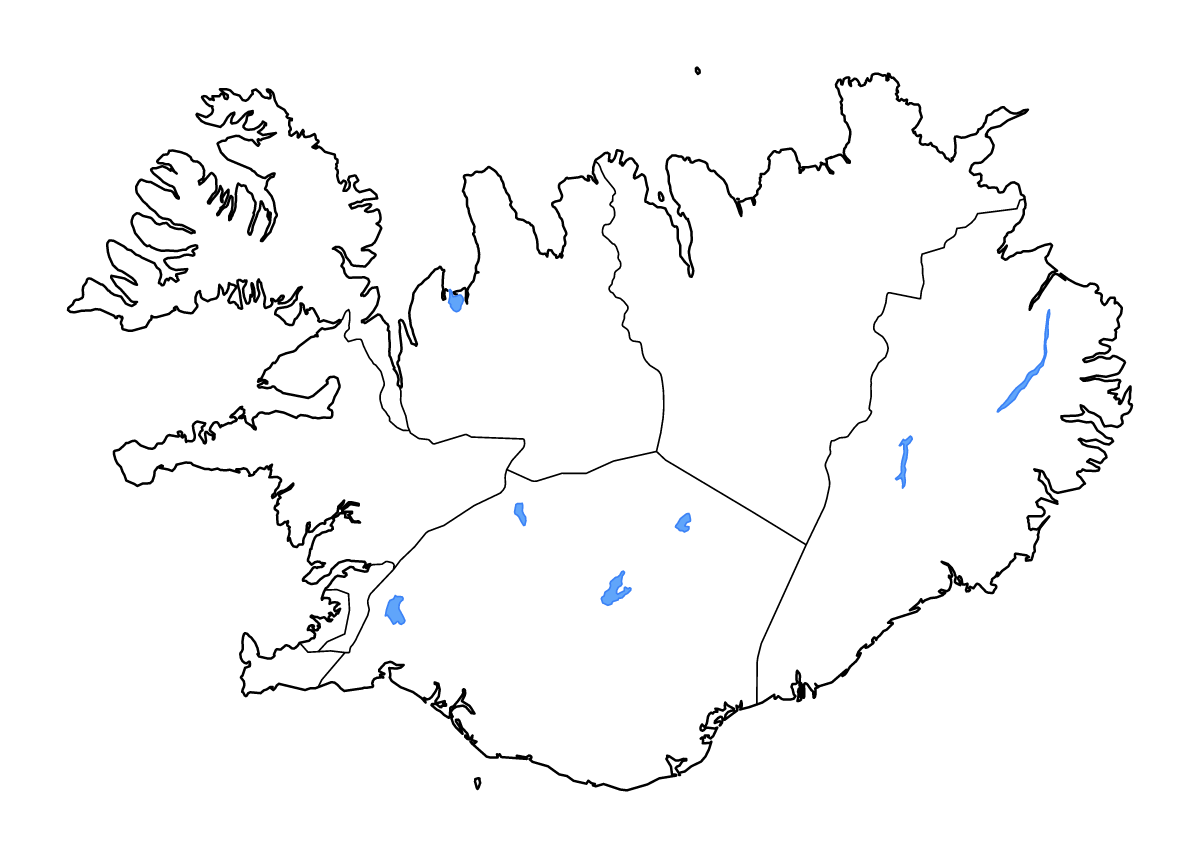 Mapa de contorno de Iceland con límites administrativos internos, lagos y ríos.