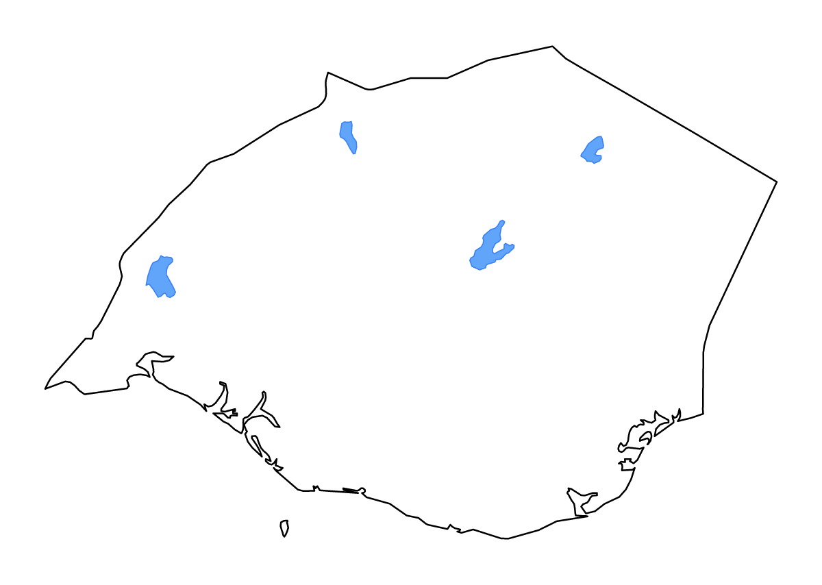 Mapa de contorno de Southern, Iceland con lagos y ríos.