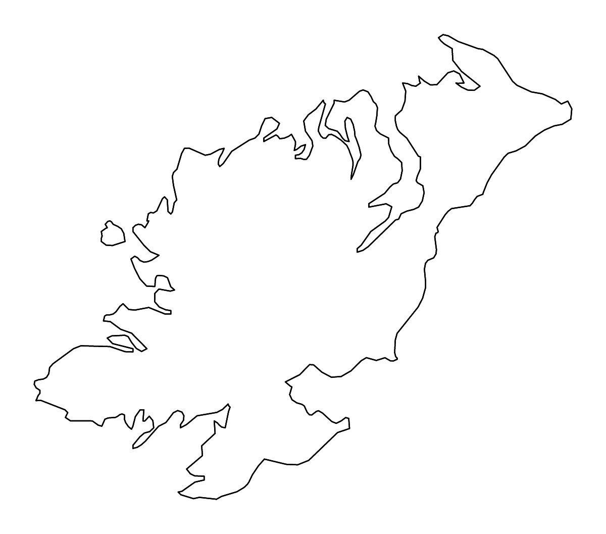 Mapa de contorno de Donegal, Ireland con ríos.
