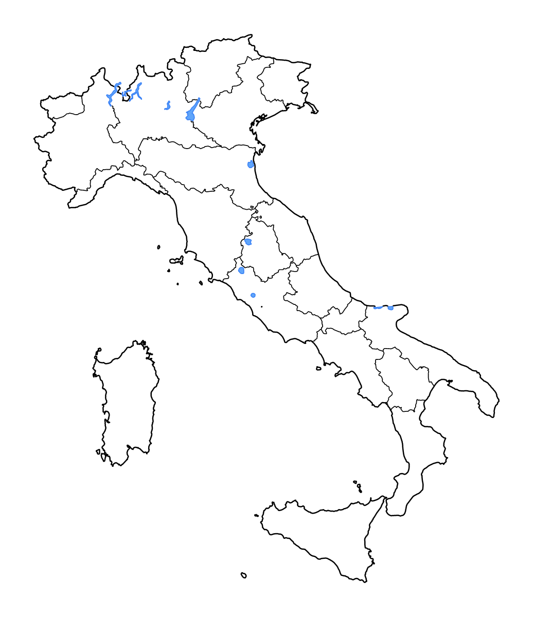 Mapa de contorno de Italy con límites administrativos internos, lagos y ríos.