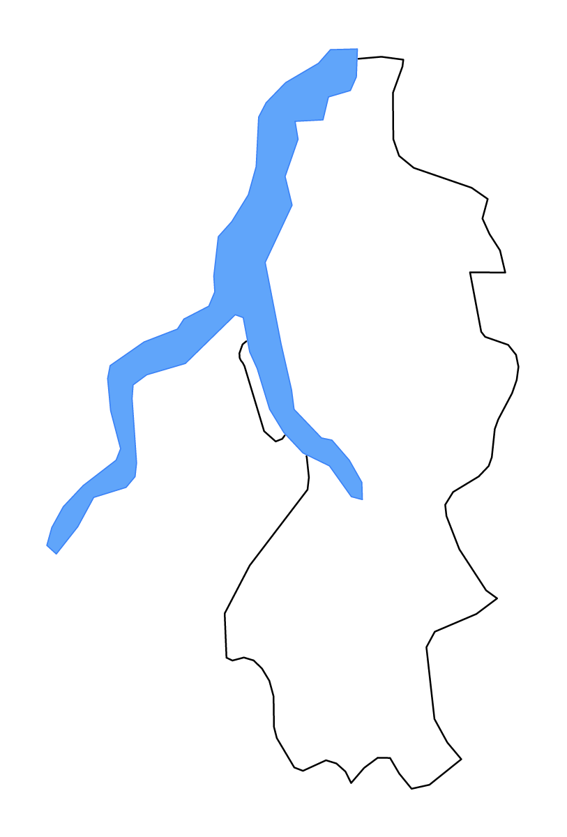 Outline map of Lecco, Italy with lakes and rivers.