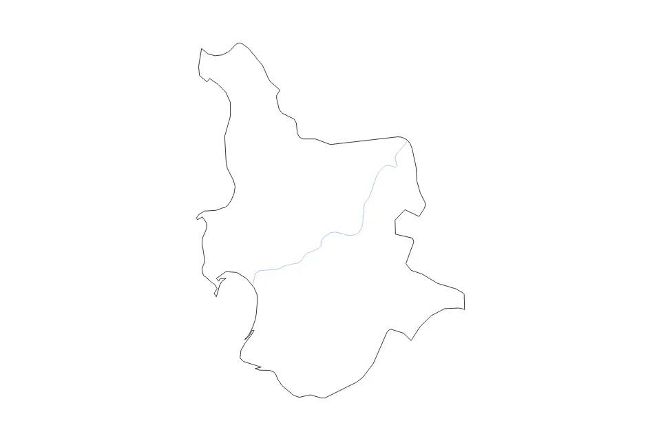 Outline map of Oristano, Italy with subdivision borders and rivers.