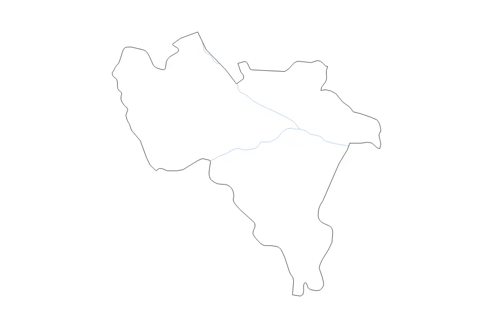 Outline map of Pavia, Italy with subdivision borders and rivers.
