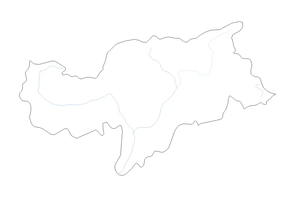 Outline map of Trentino-South Tyrol, Italy with subdivision borders and rivers.