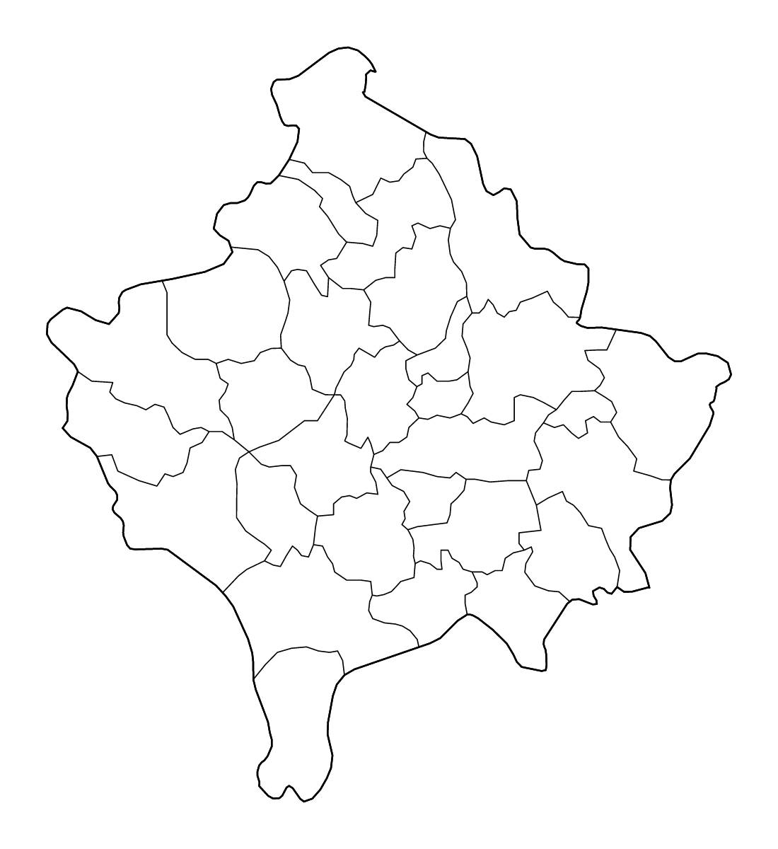 Mapa de contorno de Kosovo con límites administrativos internos y ríos.