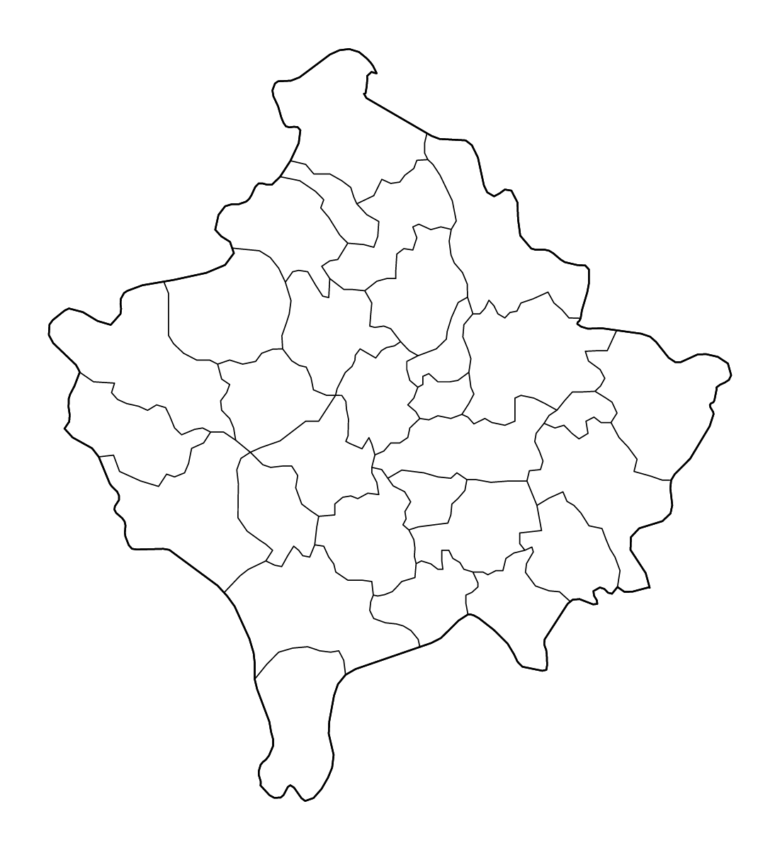 Mapa de contorno de Kosovo con límites administrativos internos y ríos.
