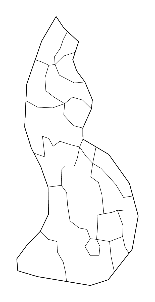Mapa de contorno de Liechtenstein con límites administrativos internos y ríos.