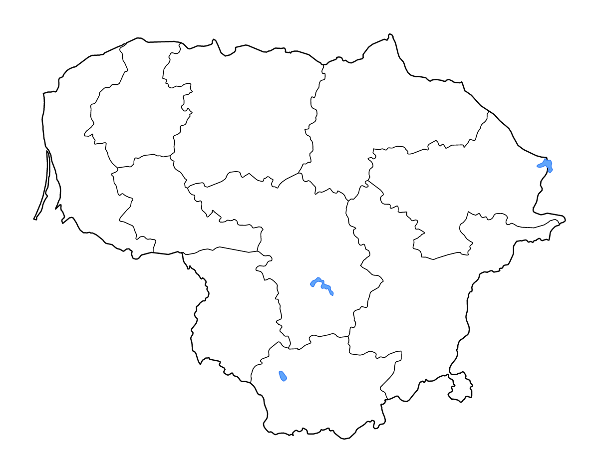 Mapa de contorno de Lithuania con límites administrativos internos, lagos y ríos.