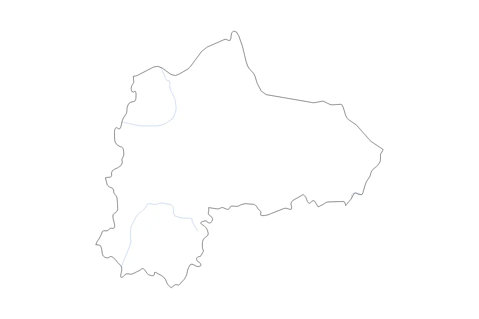 Outline map of Panevėžys County, Lithuania with subdivision borders and rivers.