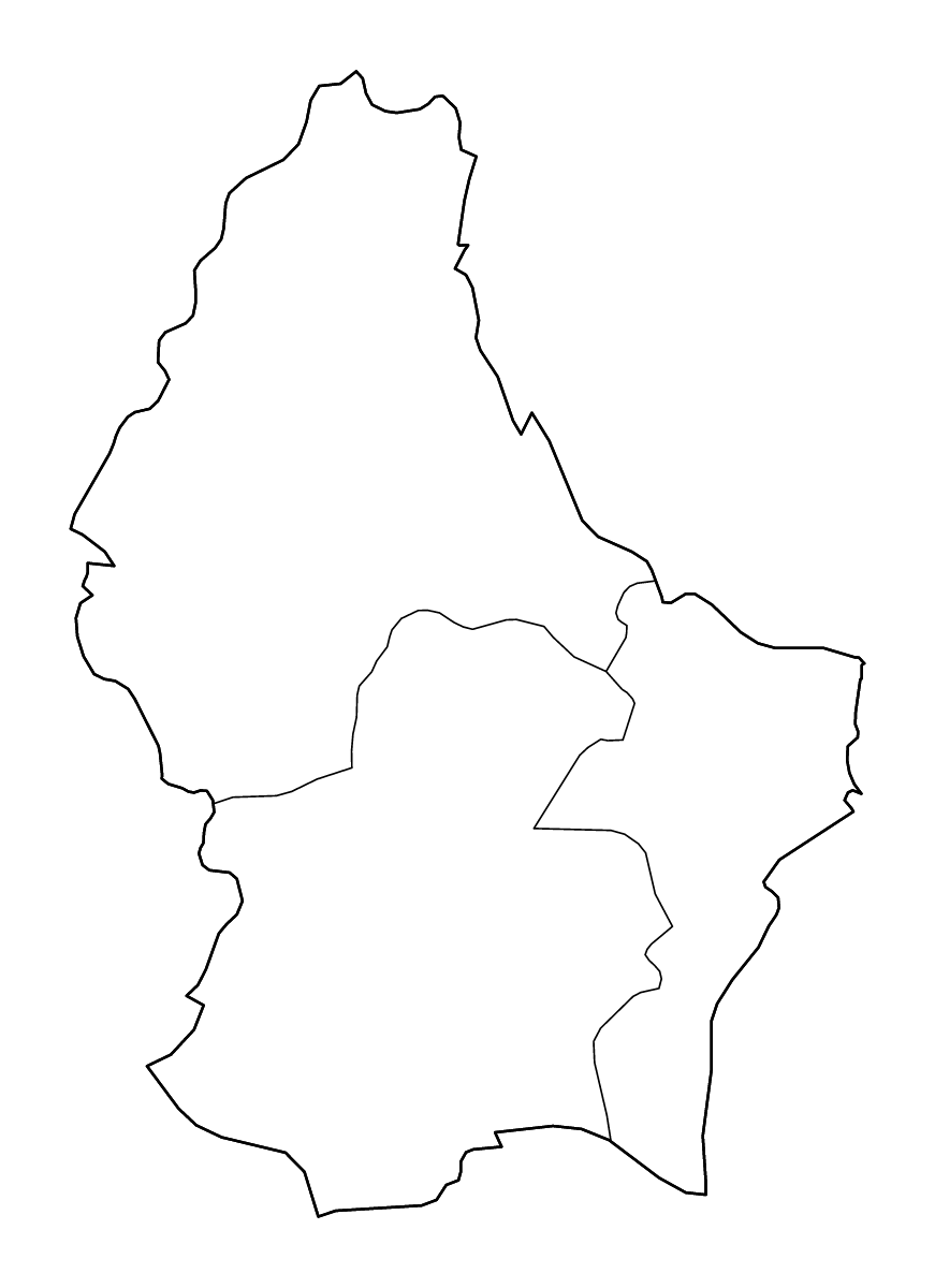 Mapa de contorno de Luxembourg (país) con límites administrativos internos y ríos.