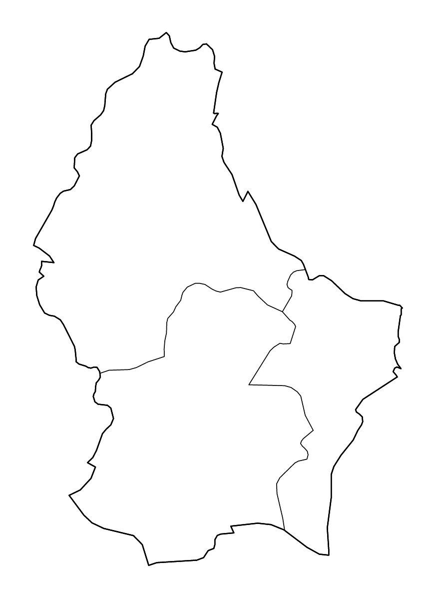 Mapa de contorno de Luxembourg (país) con límites administrativos internos y ríos.