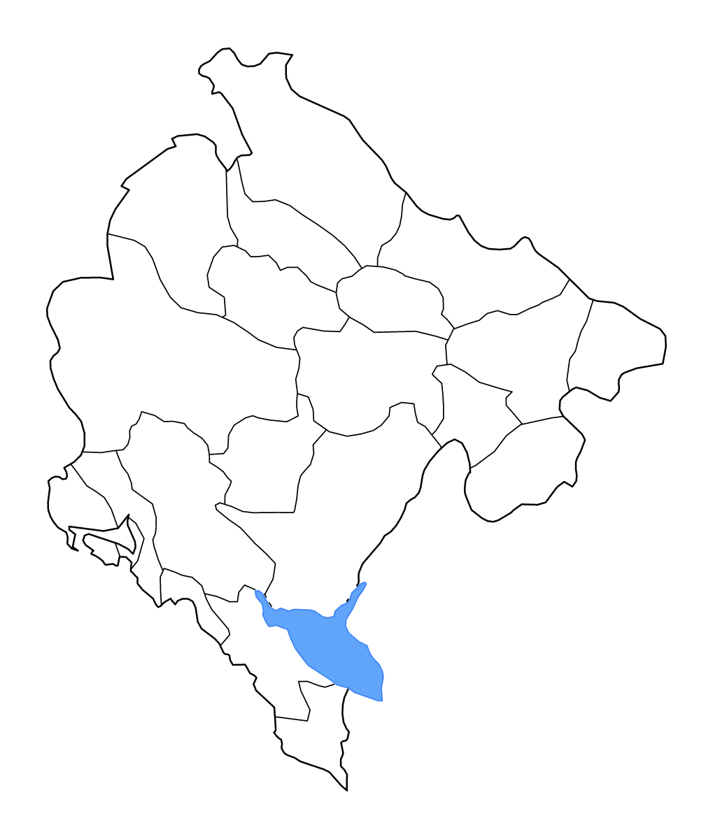 Mapa de contorno de Montenegro con límites administrativos internos, lagos y ríos.