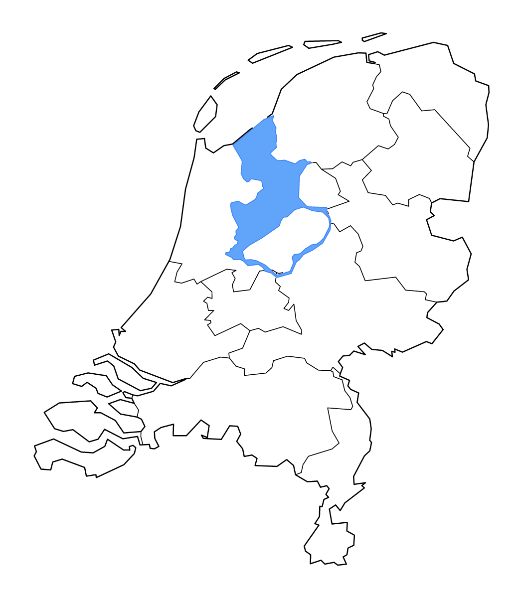 Mapa de contorno de Netherlands con límites administrativos internos, lagos y ríos.