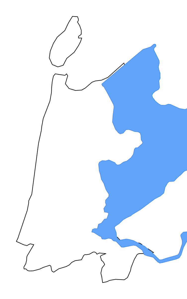 Mapa de contorno de North Holland, Netherlands con lagos y ríos.