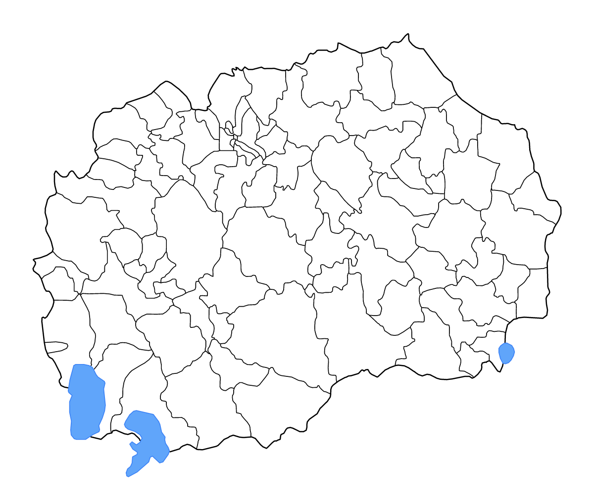 Mapa de contorno de Macedonia del Norte con límites administrativos internos, lagos y ríos.