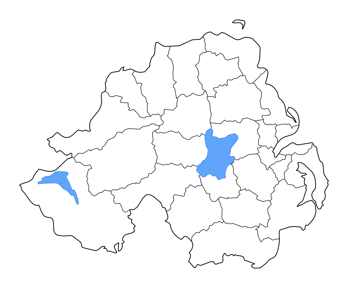 Mapa de contorno de Northern Ireland con límites administrativos internos, lagos y ríos.