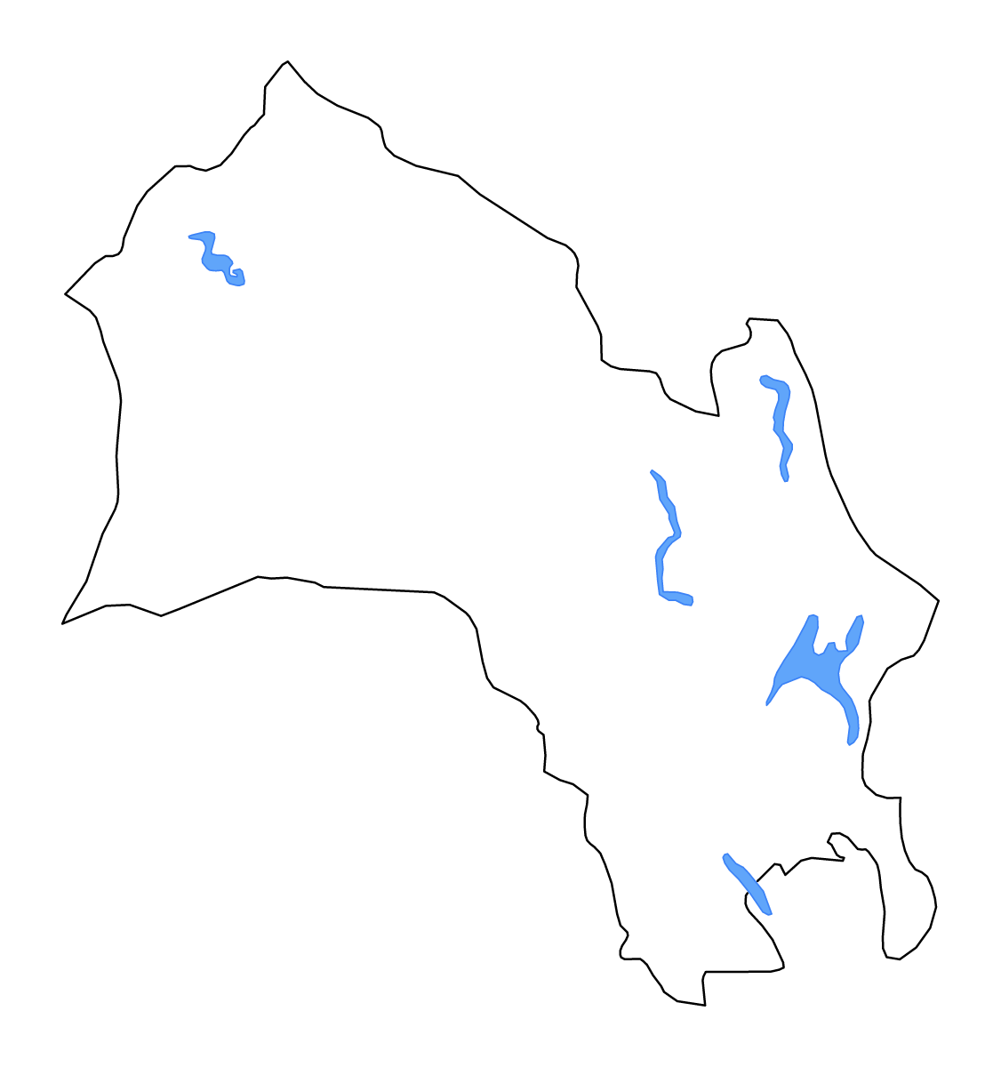 Outline map of Buskerud County, Norway with lakes and rivers.