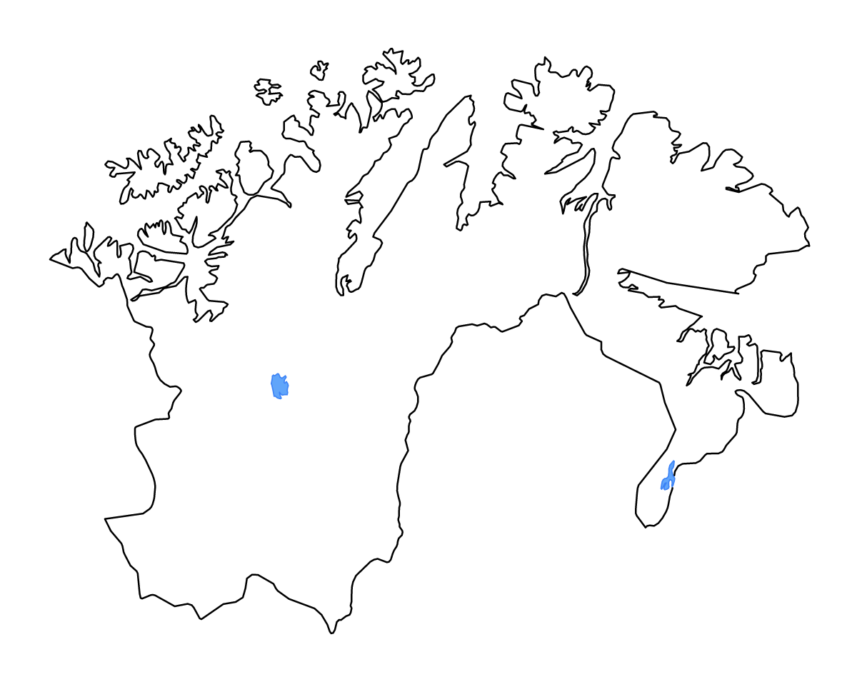 Mapa de contorno de Finnmark, Norway con lagos y ríos.
