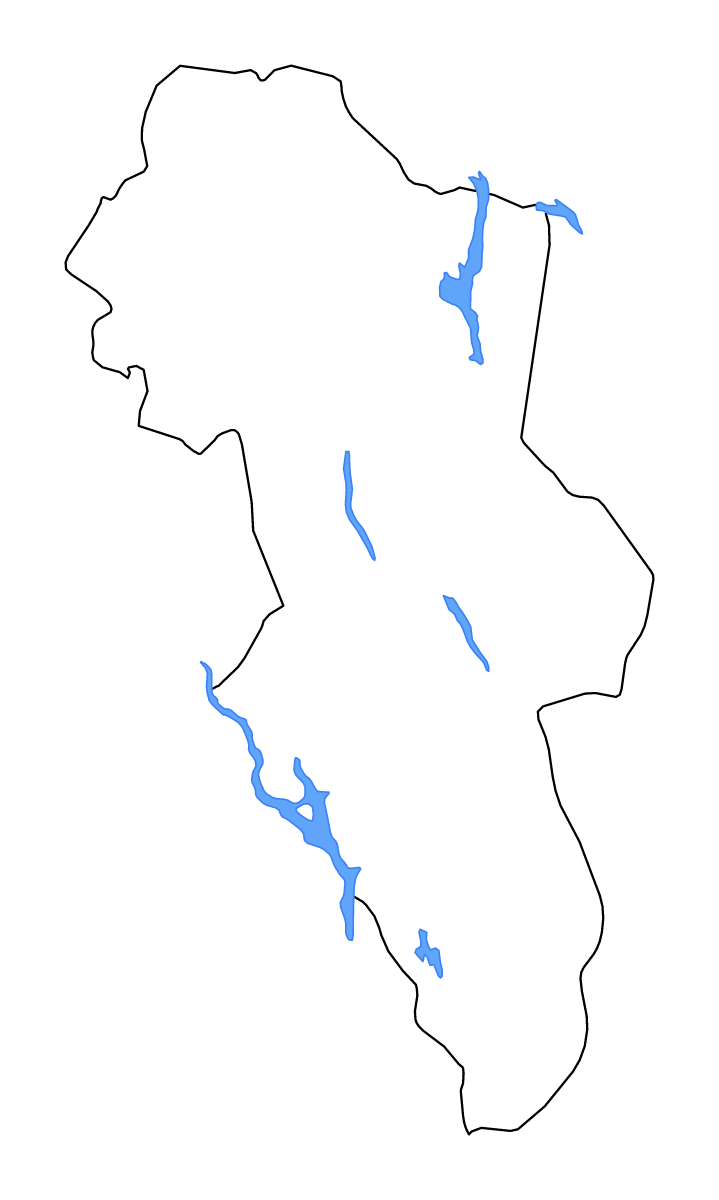 Outline map of Hedmark County, Norway with lakes and rivers.