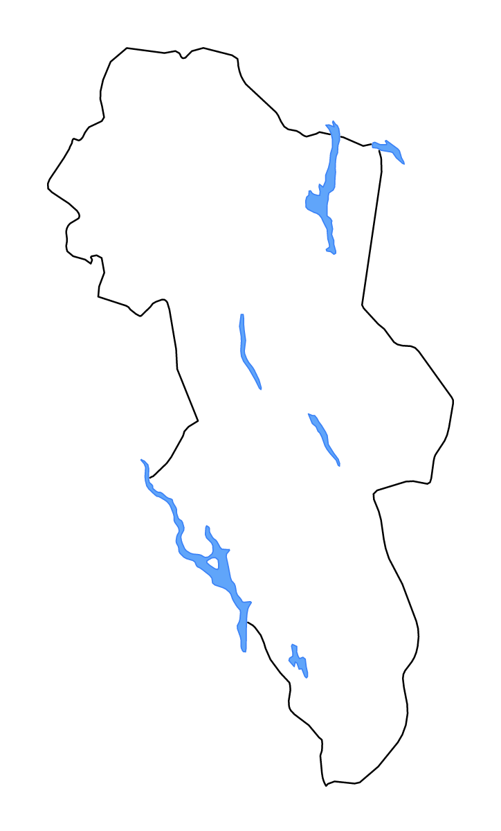 Mapa de contorno de Hedmark, Norway con lagos y ríos.