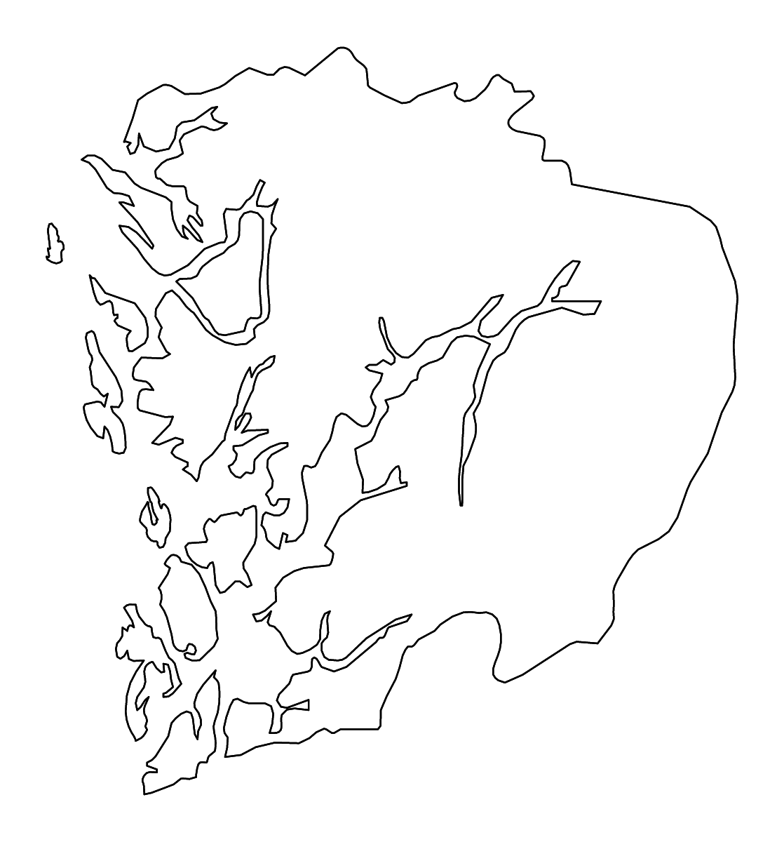 Outline map of Hordaland County, Norway with rivers.