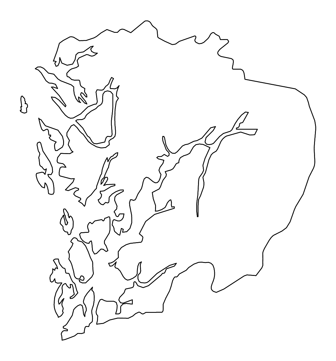 Outline map of Hordaland County, Norway with rivers.
