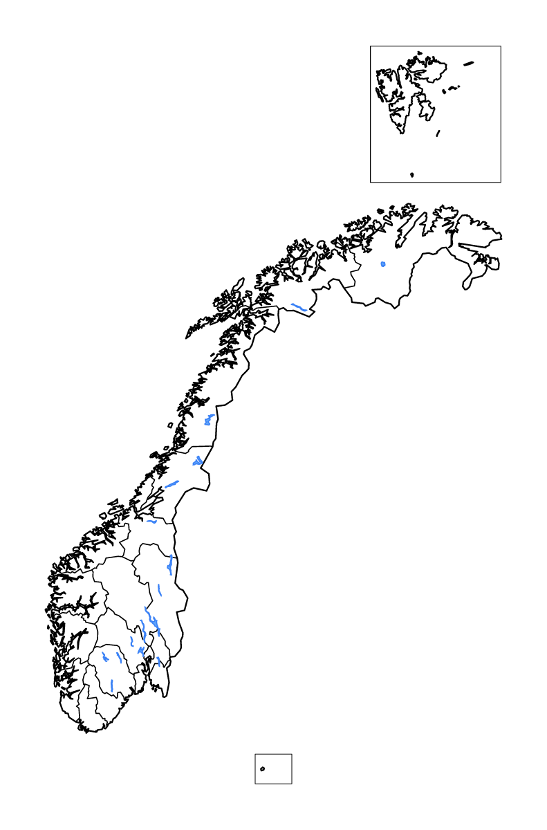 Mapa de contorno de Norway con límites administrativos internos, lagos y ríos.
