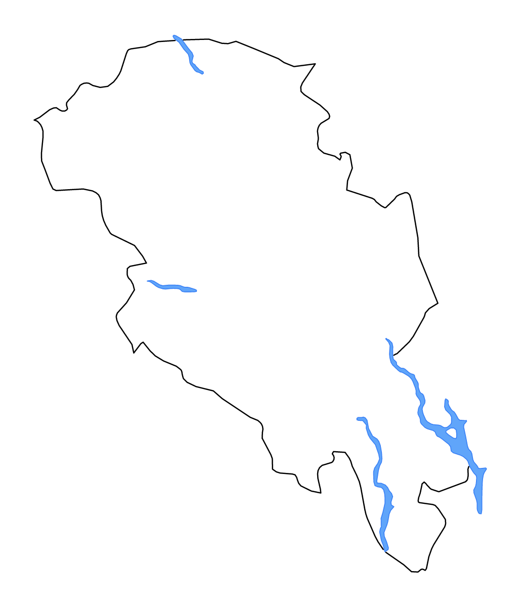 Mapa de contorno de Oppland, Norway con lagos y ríos.