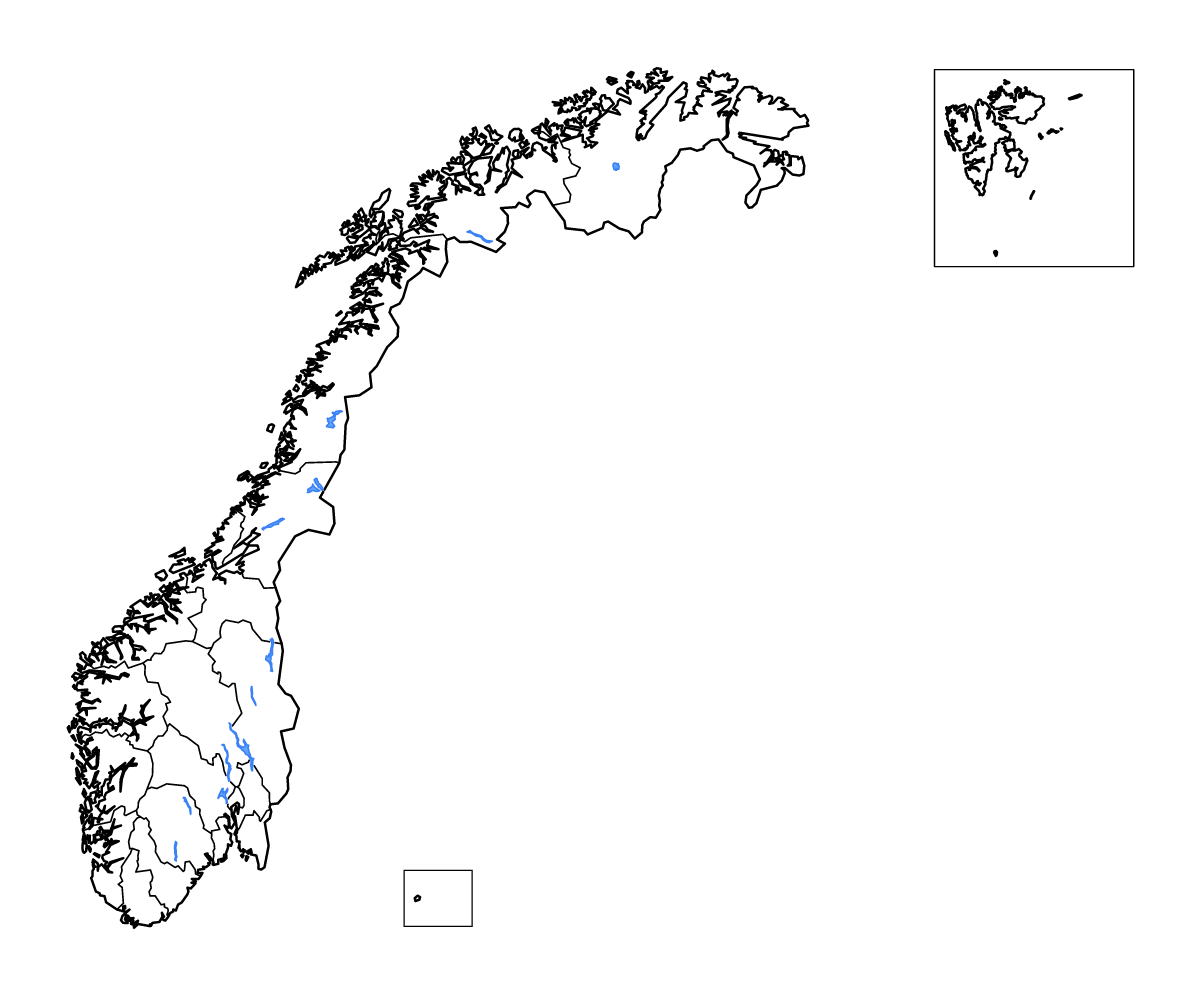 Carte de contour de Norway avec limites administratives internes, lacs et rivières.